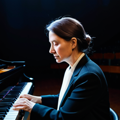 Home 22 A professional female composer, middle-aged, with a focused expression, wearing a modest, dark professional blazer over a white blouse, fully clothed, sitting at a grand piano in a dimly lit, elegant concert hall. Abstract, luminous, intertwining light lines symbolizing musical counterpoint flow dynamically around her, creating an ethereal, harmonious visual dialogue. The atmosphere is contemplative and profound. perfect anatomy, correct proportions, natural pose, well-formed hands, proper finger count, natural body proportions, professional photography, high quality, safe for work, appropriate content, family-friendly, modest clothing.