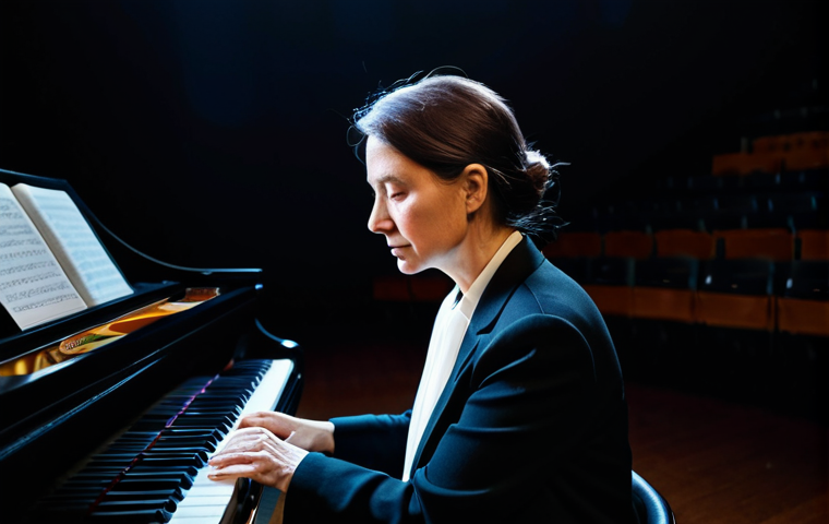 A professional female composer, middle-aged, with a focused expression, wearing a modest, dark professional blazer over a white blouse, fully clothed, sitting at a grand piano in a dimly lit, elegant concert hall. Abstract, luminous, intertwining light lines symbolizing musical counterpoint flow dynamically around her, creating an ethereal, harmonious visual dialogue. The atmosphere is contemplative and profound. perfect anatomy, correct proportions, natural pose, well-formed hands, proper finger count, natural body proportions, professional photography, high quality, safe for work, appropriate content, family-friendly, modest clothing.