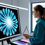 A professional digital artist, fully clothed in a modest, contemporary artist's smock, stands in a modern, brightly lit art studio. They are looking at a large holographic display in front of them, which shows complex, evolving abstract art generated by AI, while they hold a digital stylus. The studio features both traditional art tools and advanced digital workstations, creating a collaborative atmosphere. The lighting is soft and artistic. perfect anatomy, correct proportions, natural pose, well-formed hands, proper finger count, natural body proportions. safe for work, appropriate content, fully clothed, professional.