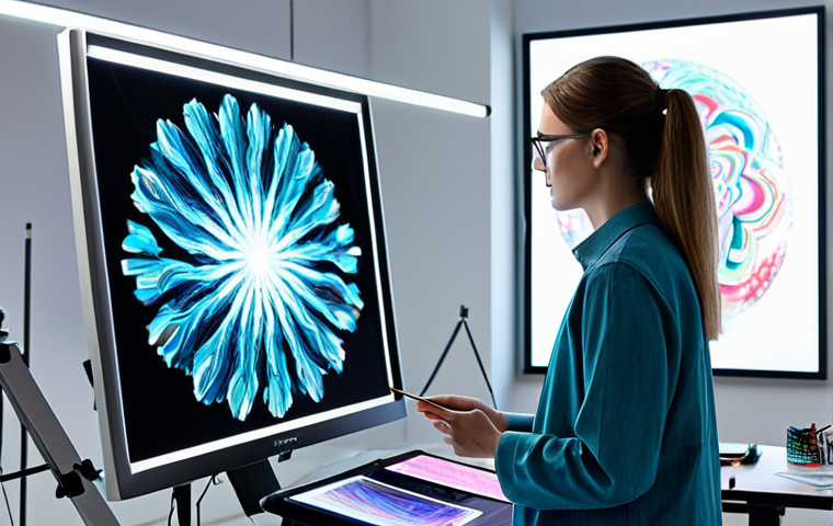 A professional digital artist, fully clothed in a modest, contemporary artist's smock, stands in a modern, brightly lit art studio. They are looking at a large holographic display in front of them, which shows complex, evolving abstract art generated by AI, while they hold a digital stylus. The studio features both traditional art tools and advanced digital workstations, creating a collaborative atmosphere. The lighting is soft and artistic. perfect anatomy, correct proportions, natural pose, well-formed hands, proper finger count, natural body proportions. safe for work, appropriate content, fully clothed, professional.