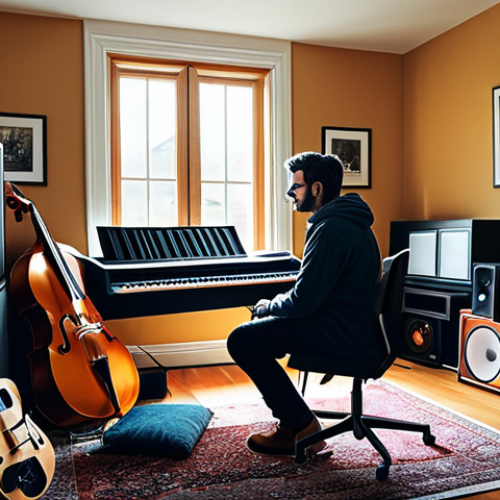 Home 20 ** A musician composing music in a cozy home studio, fully clothed, appropriate attire, safe for work. The studio is filled with instruments, a computer, and soundproofing. Natural lighting, perfect anatomy, professional, modest, family-friendly.
**