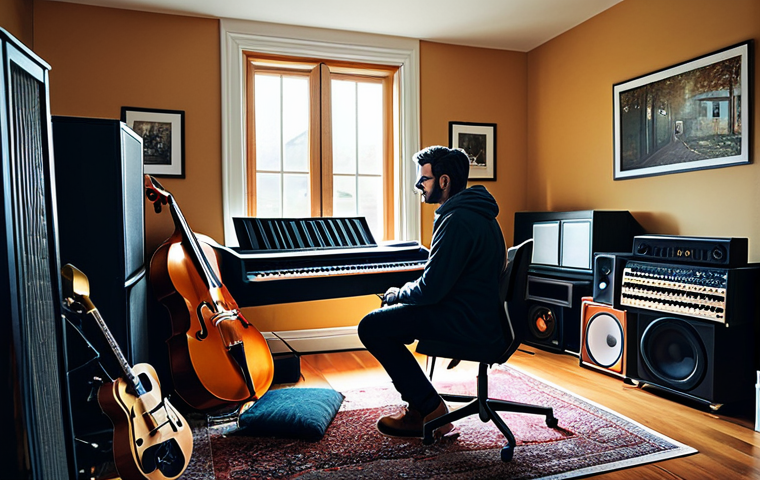 ** A musician composing music in a cozy home studio, fully clothed, appropriate attire, safe for work. The studio is filled with instruments, a computer, and soundproofing. Natural lighting, perfect anatomy, professional, modest, family-friendly.
**