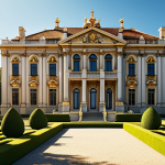 Baroque Architecture**

"A grand baroque palace exterior, featuring ornate columns, sculpted figures, and gold accents, bathed in dramatic sunlight. The scene is set in a vast, meticulously landscaped garden. fully clothed, appropriate content, safe for work, professional architecture photography, perfect anatomy, natural proportions, family-friendly."

**