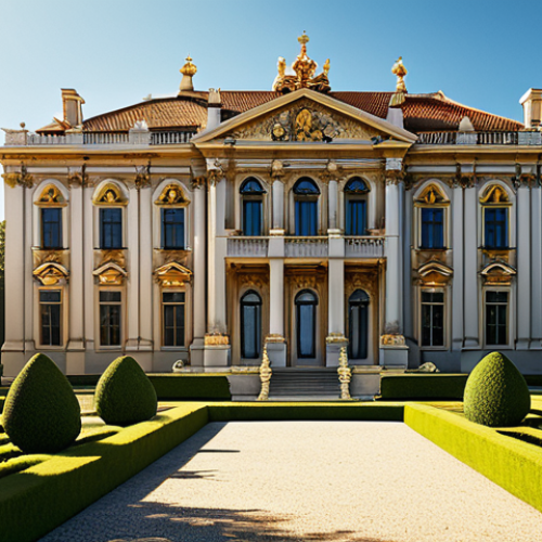 Home 11 Baroque Architecture**
"A grand baroque palace exterior, featuring ornate columns, sculpted figures, and gold accents, bathed in dramatic sunlight. The scene is set in a vast, meticulously landscaped garden. fully clothed, appropriate content, safe for work, professional architecture photography, perfect anatomy, natural proportions, family-friendly."
**