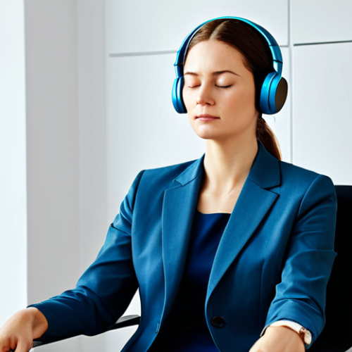 음악과 명상 - Businesswoman Meditating with Music**

"A professional businesswoman in a modest business suit, sitt...