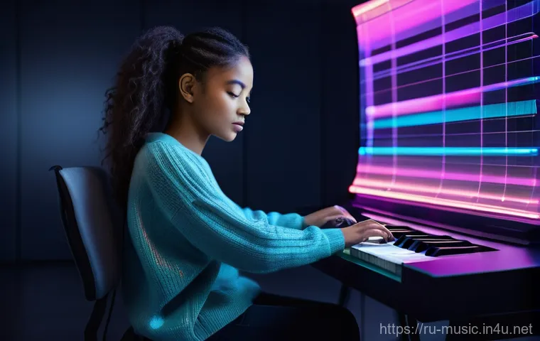 AI 음악 작곡 기술 - **Prompt 1: The AI-Enhanced Composer's Studio**
    A modern, well-lit music studio. In the foregrou...