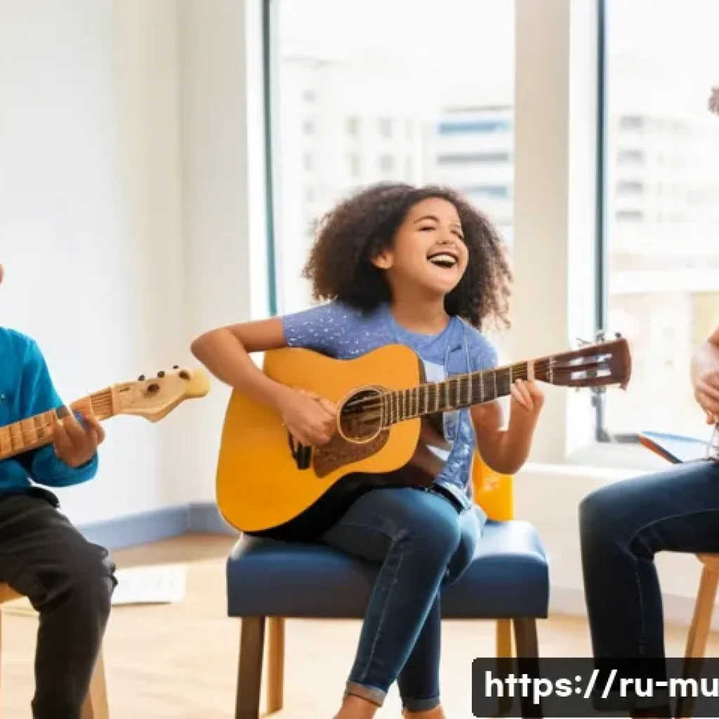 음악 교육 철학 - A diverse group of children and adults engaged in a lively music therapy session in a bright, welcom...