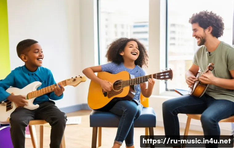 음악 교육 철학 - A diverse group of children and adults engaged in a lively music therapy session in a bright, welcom...