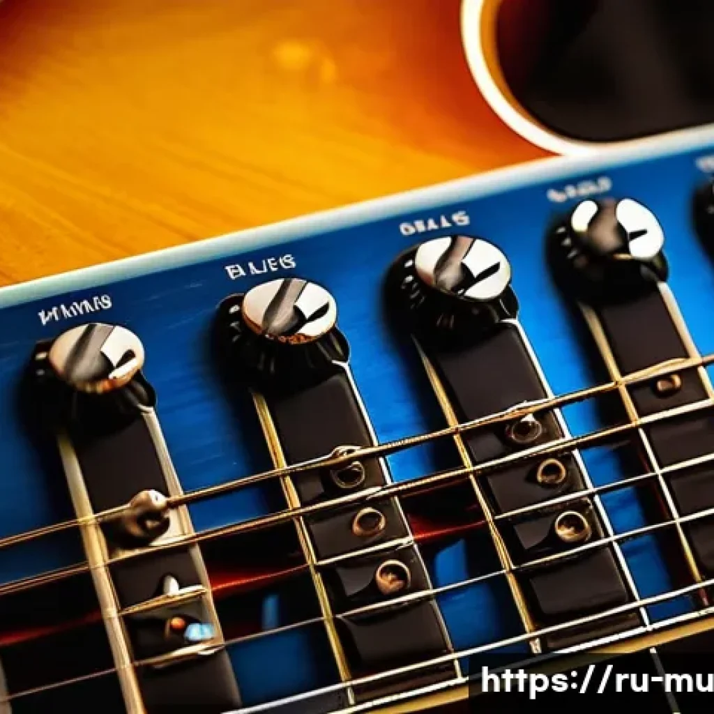 블루스 스케일 활용법 - A detailed close-up of an electric guitar fretboard showcasing the A minor pentatonic blues scale, w...