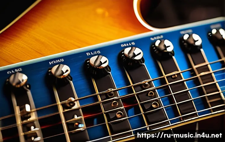 블루스 스케일 활용법 - A detailed close-up of an electric guitar fretboard showcasing the A minor pentatonic blues scale, w...