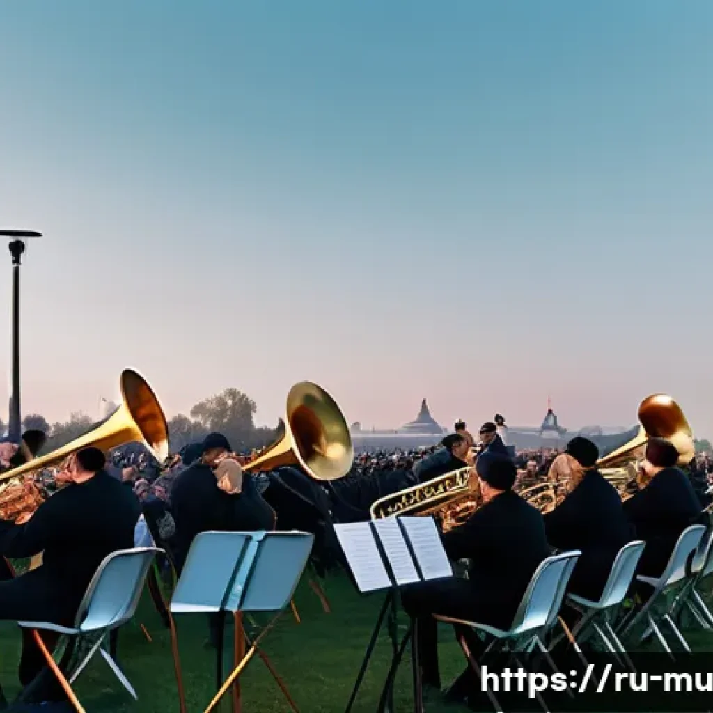 브라스 밴드 구성 - A cinematic, photorealistic scene of a brass ensemble performing at an outdoor Moscow park festival ...
