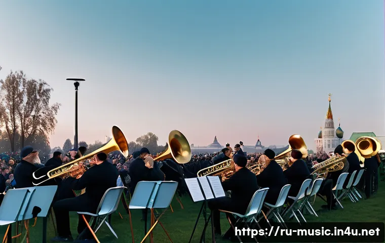 브라스 밴드 구성 - A cinematic, photorealistic scene of a brass ensemble performing at an outdoor Moscow park festival ...