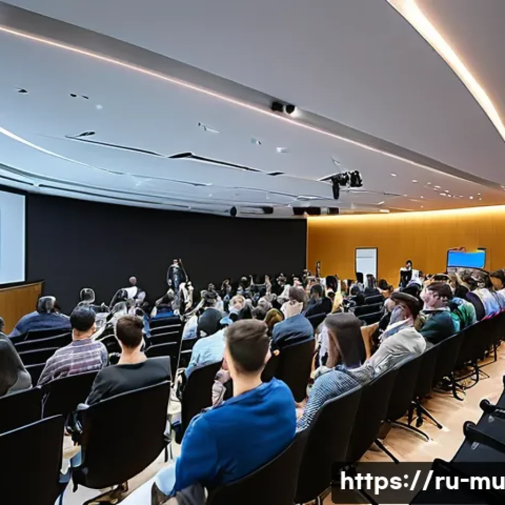 음악 관련 학회 및 세미나 - A modern music seminar room filled with diverse international participants engaged in a hybrid confe...