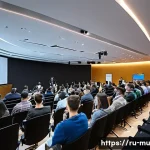 Home 22 음악 관련 학회 및 세미나 - A modern music seminar room filled with diverse international participants engaged in a hybrid confe...