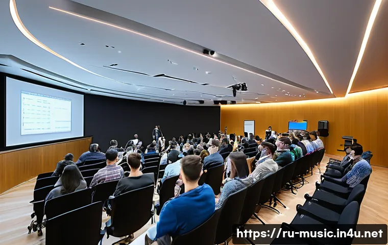 음악 관련 학회 및 세미나 - A modern music seminar room filled with diverse international participants engaged in a hybrid confe...