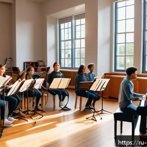 Home 32 솔페지오 트레이닝 - A cozy music classroom scene featuring a diverse group of young adults practicing solfeggio singing ...
