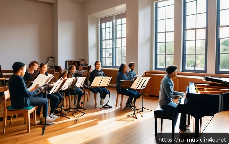 솔페지오 트레이닝 - A cozy music classroom scene featuring a diverse group of young adults practicing solfeggio singing ...