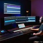 Home 19 작곡 기법 연구 - A cozy modern home music studio scene featuring a young Russian composer working passionately on a d...