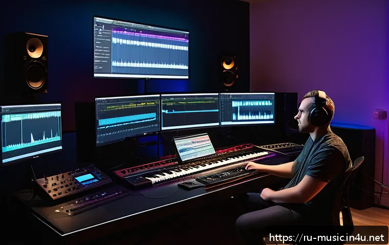 작곡 기법 연구 - A cozy modern home music studio scene featuring a young Russian composer working passionately on a d...
