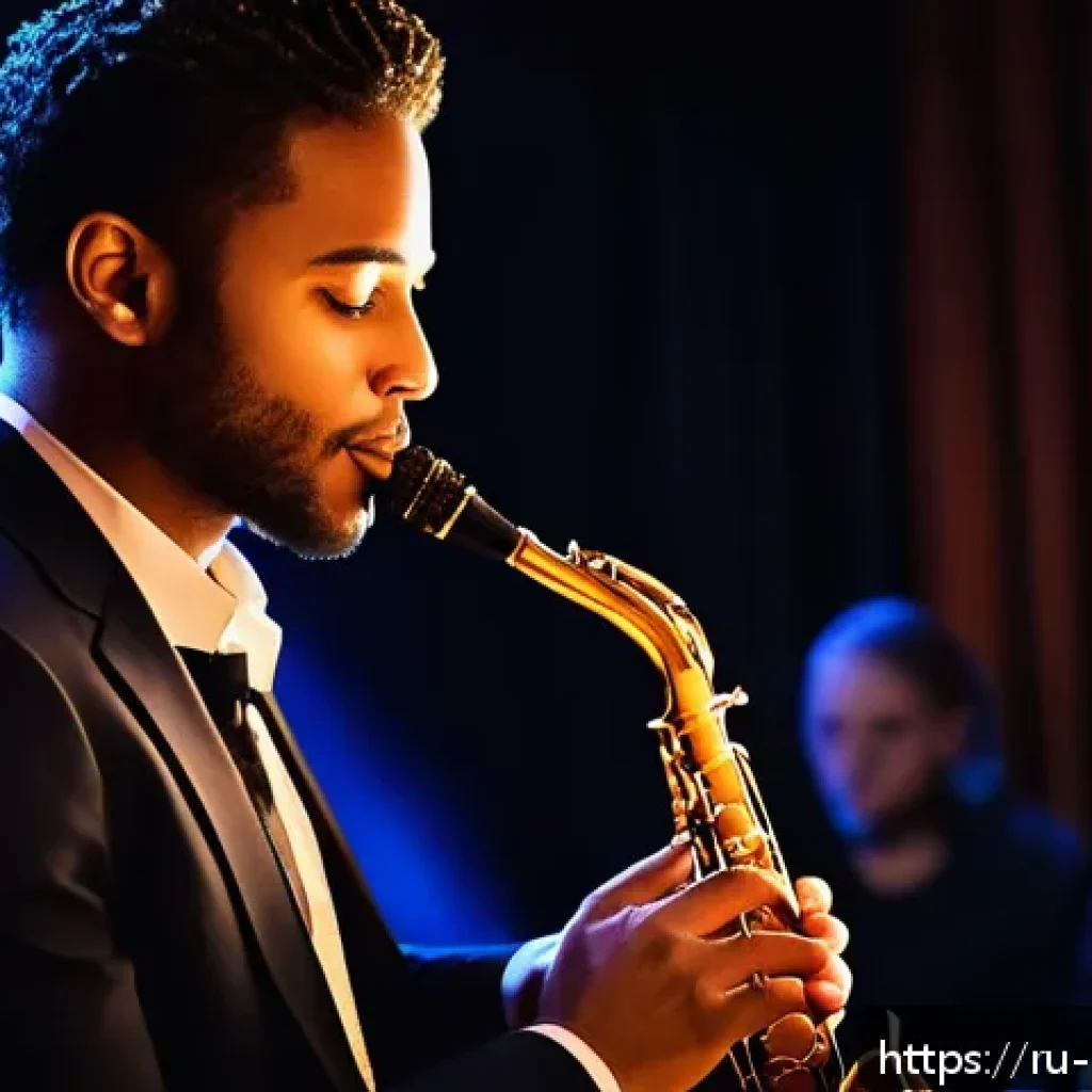 색소폰 즉흥 연주 - A skilled saxophone player performing a soulful jazz improvisation on stage in a dimly lit, cozy clu...