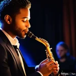 Home 18 색소폰 즉흥 연주 - A skilled saxophone player performing a soulful jazz improvisation on stage in a dimly lit, cozy clu...