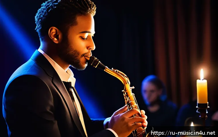 색소폰 즉흥 연주 - A skilled saxophone player performing a soulful jazz improvisation on stage in a dimly lit, cozy clu...