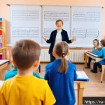 Home 23 음악 교사 자격증 안내 - A professional music teacher conducting a lively group lesson in a modern Russian elementary school ...