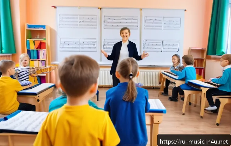 음악 교사 자격증 안내 - A professional music teacher conducting a lively group lesson in a modern Russian elementary school ...