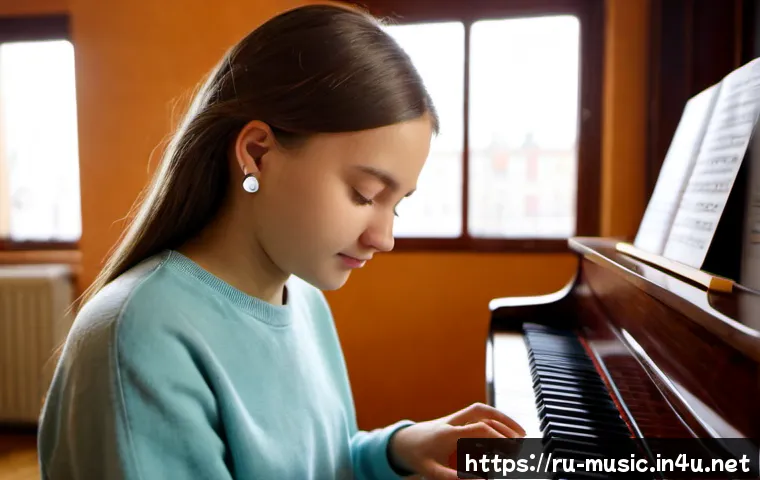 Home 17 절대음감 훈련법 - Photorealistic close-up of a Russian teenage music student at an upright piano in a warm Moscow apar...